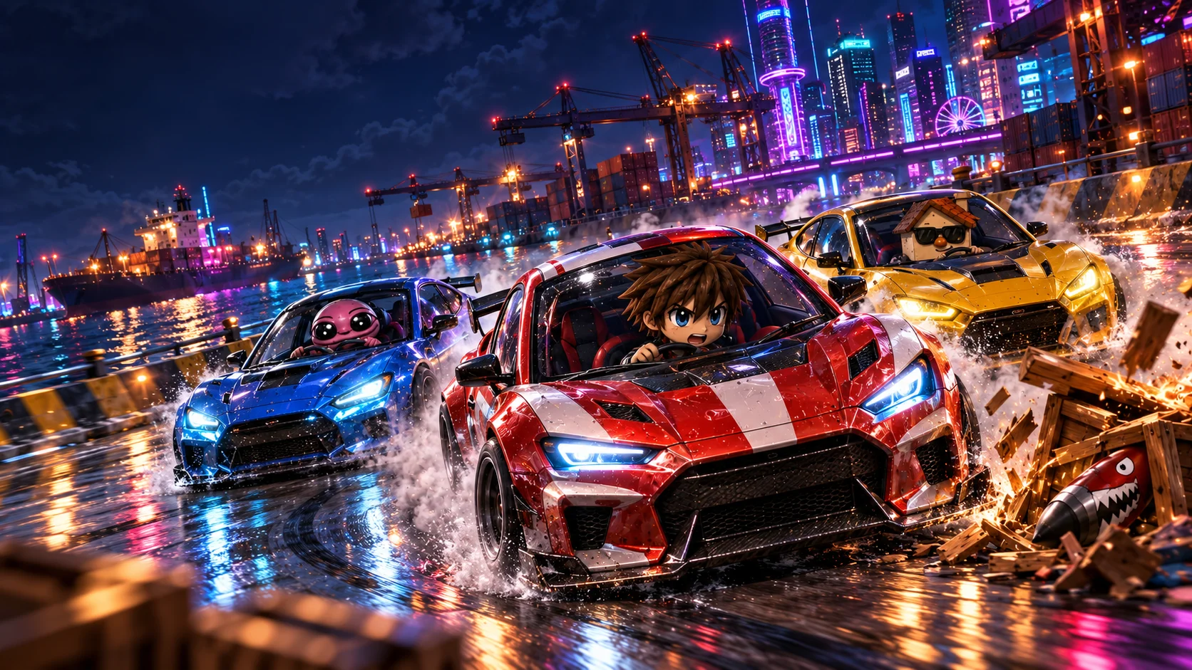 KOL drivers racing through a neon harbour