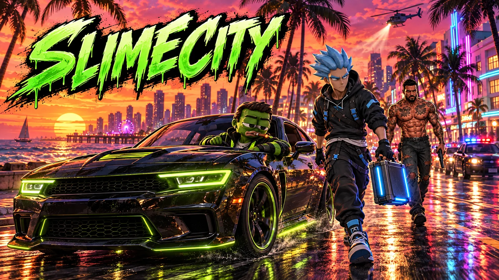 SlimeCity KOL crew and sports car on a sunset city street, promotional art