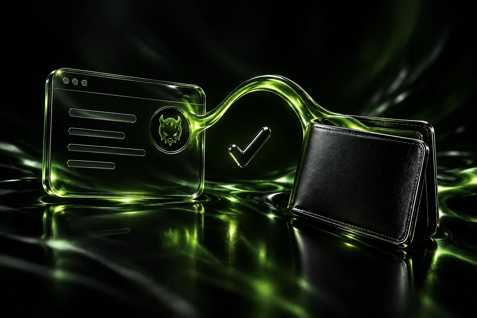 A liquid-lime bridge connects a browser module to a black wallet, with a confirmation check between them.