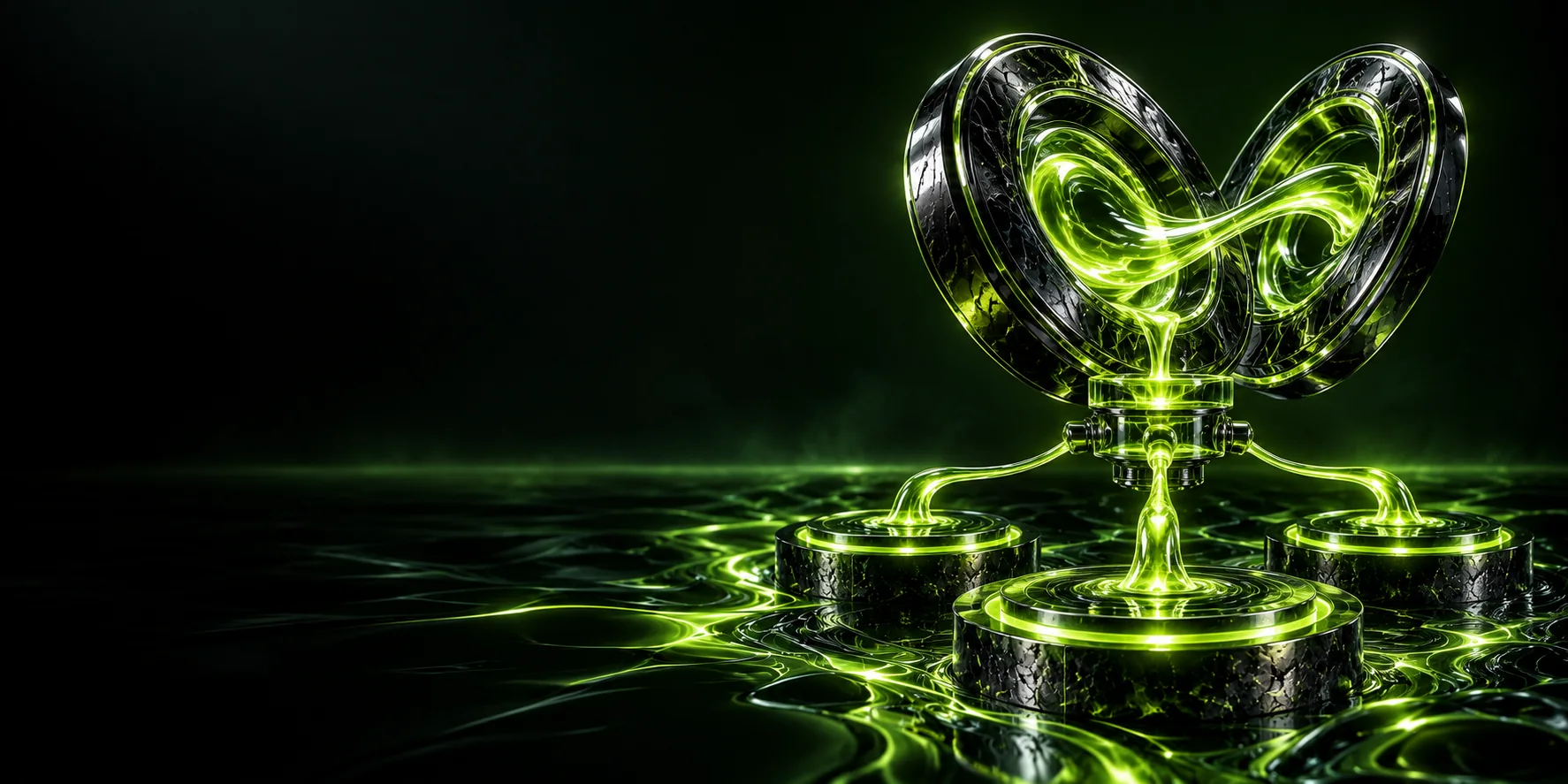 Two liquid-chrome asset rings directing green streams into separate reward reservoirs.